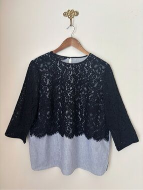 Ming Wang Striped Linen Blend Lace Layered Top Medium